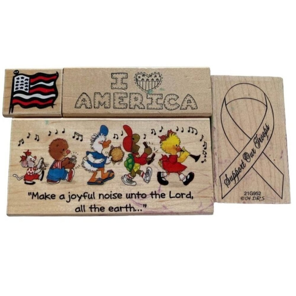 Wooden Rubber Stamp Set Lot "I Love America" Patriotic Music Bible Verse Style R